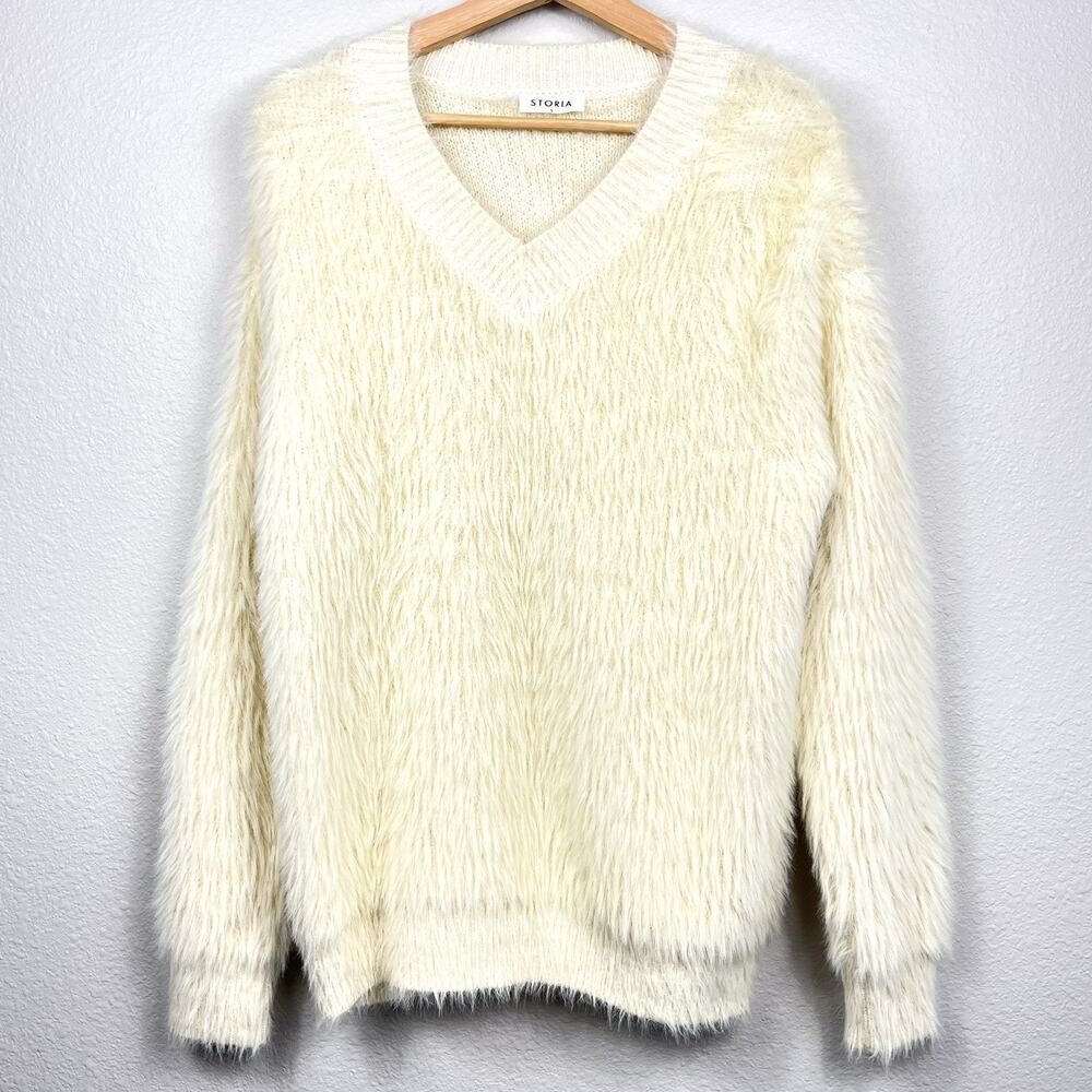 Storia Womens Faux Fur Sweater Small Cream Oversized Quiet Luxury Rare Deadstock